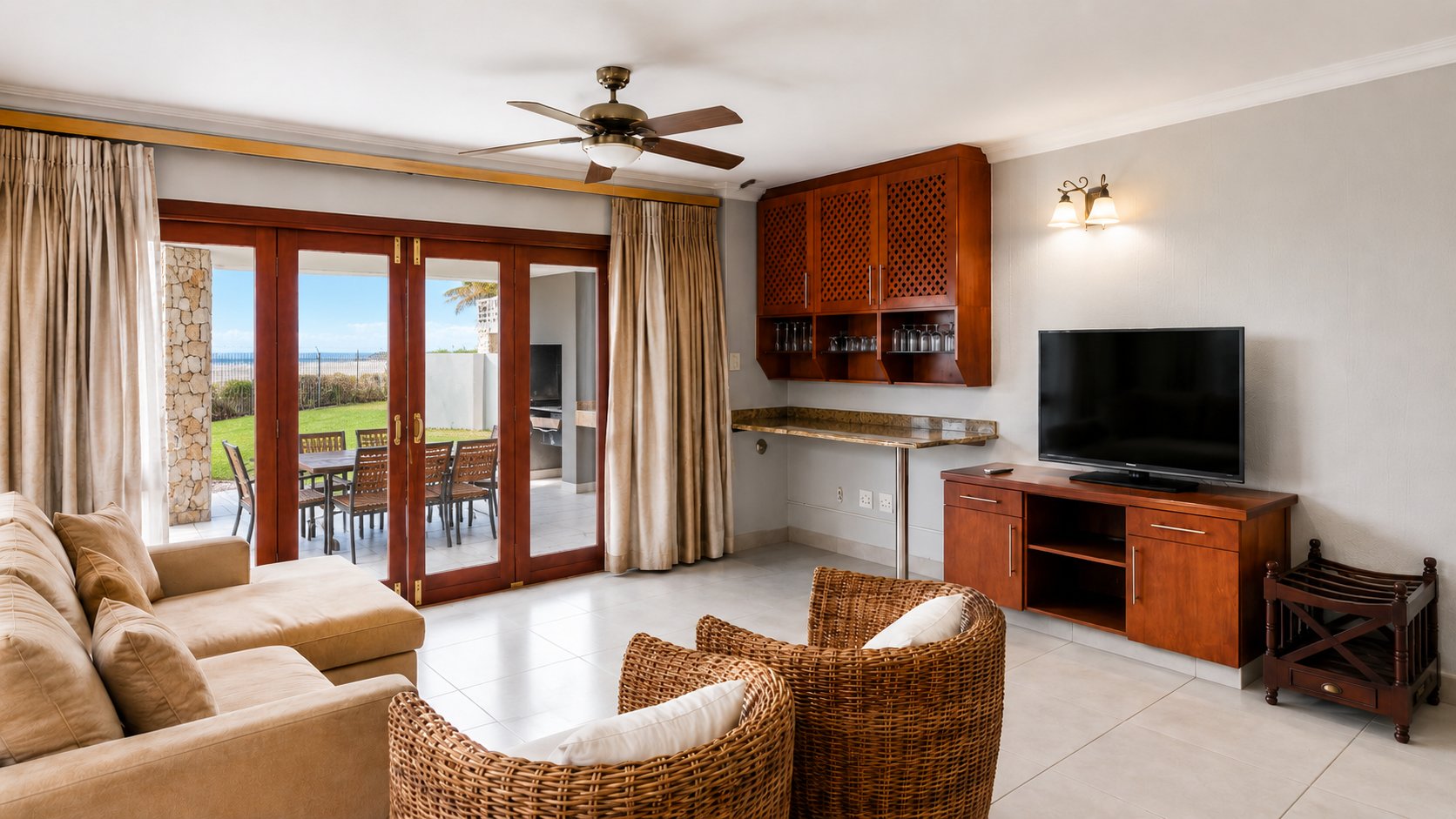 Open-plan living area with direct beach access